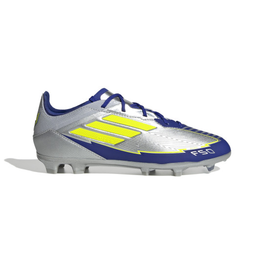 adidas F50 Messi Elite Gazon Naturel Chaussures de Foot (FG) Enfants Argenté Bleu Foncé Jaune