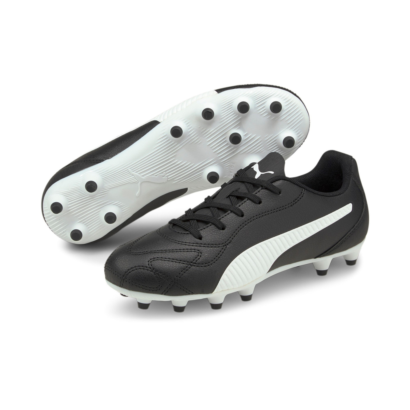 PUMA Monarch II Gazon Naturel Gazon Artificiel Chaussures de Foot (MG) Enfants Noir Blanc