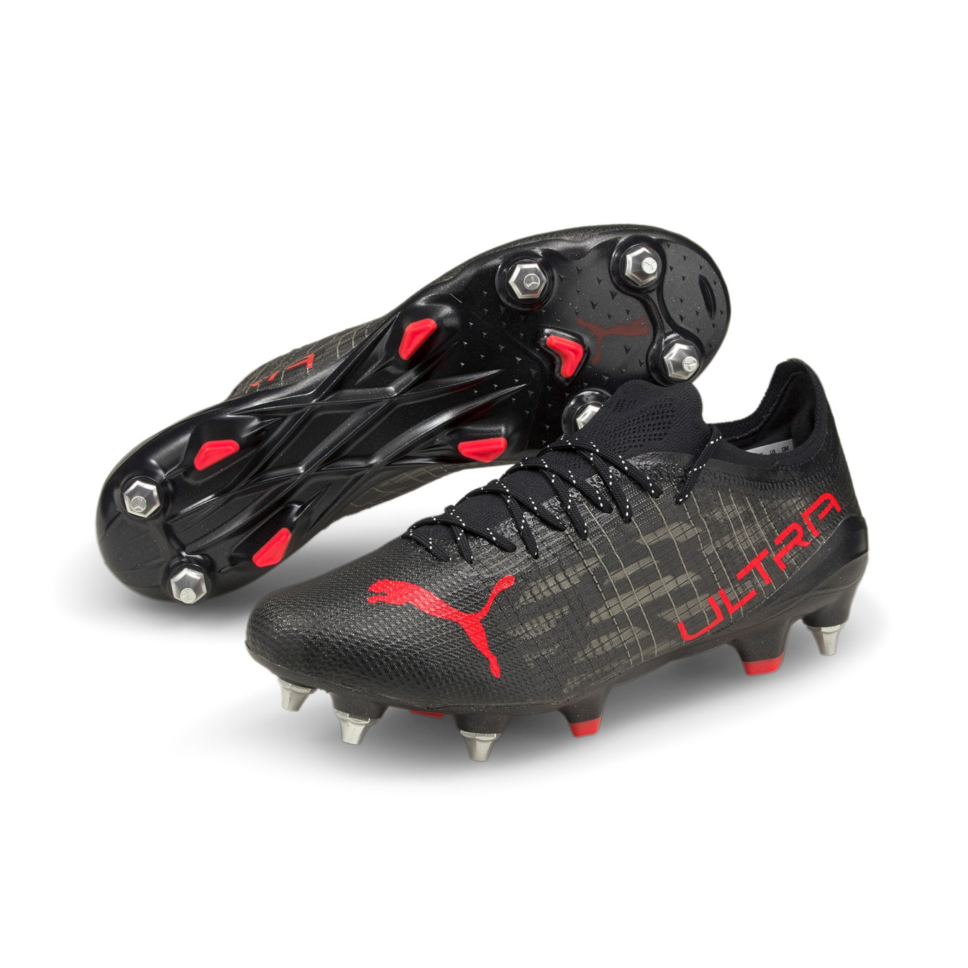 PUMA Ultra 1.3 Crampons Vissés Chaussures de Foot (MxSG) Noir Rouge Gris Foncé