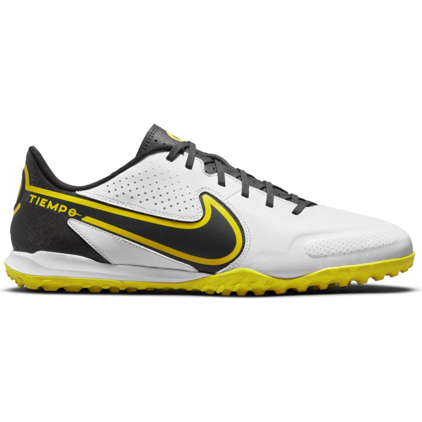 Nike Tiempo Legend 9 Academy Turf Chaussures de Foot (TF) Blanc Gris Foncé Noir Jaune