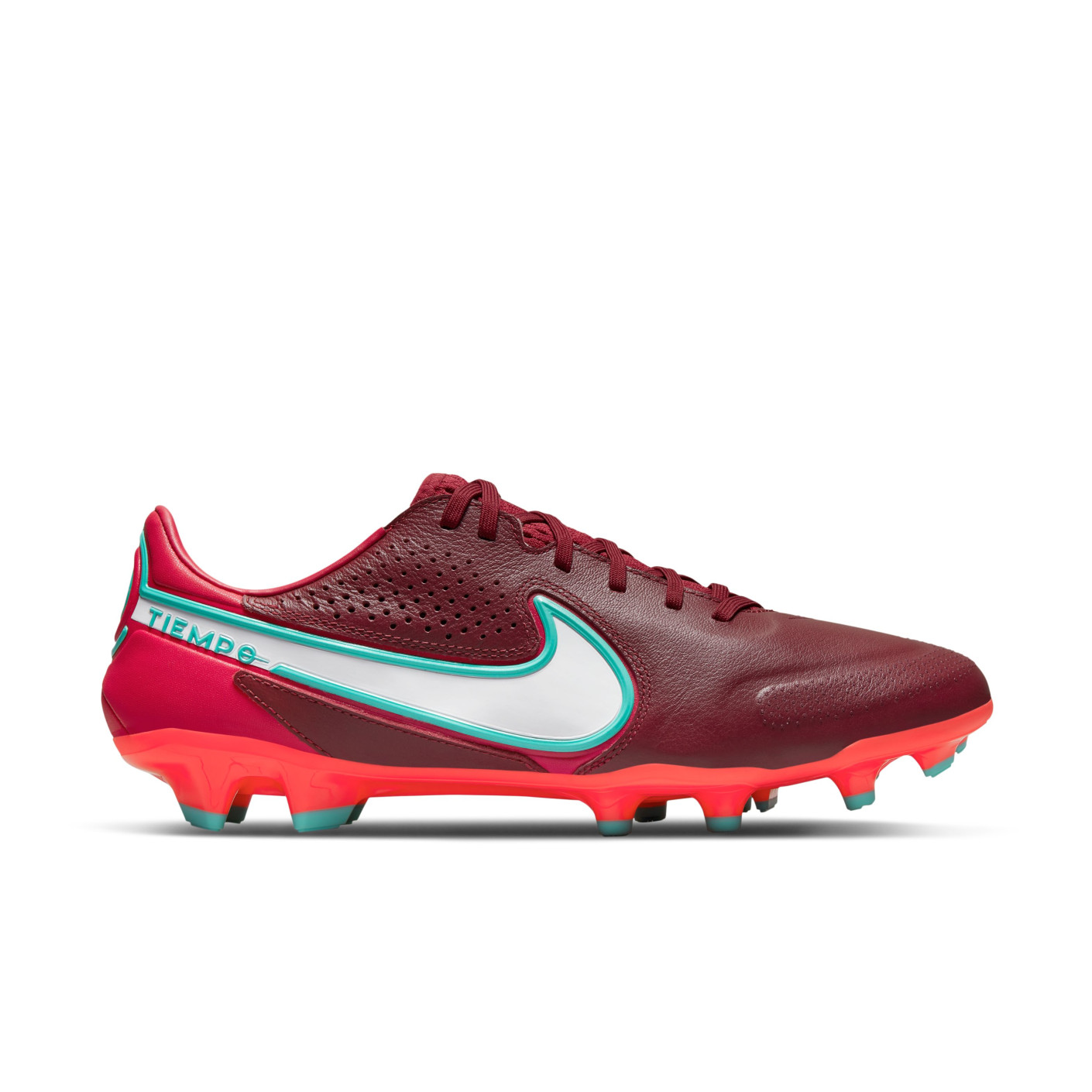 Nike Tiempo Legend 9 Pro Gazon Naturel Chaussures de Foot (FG) Bordeaux Blanc Turquoise Orange