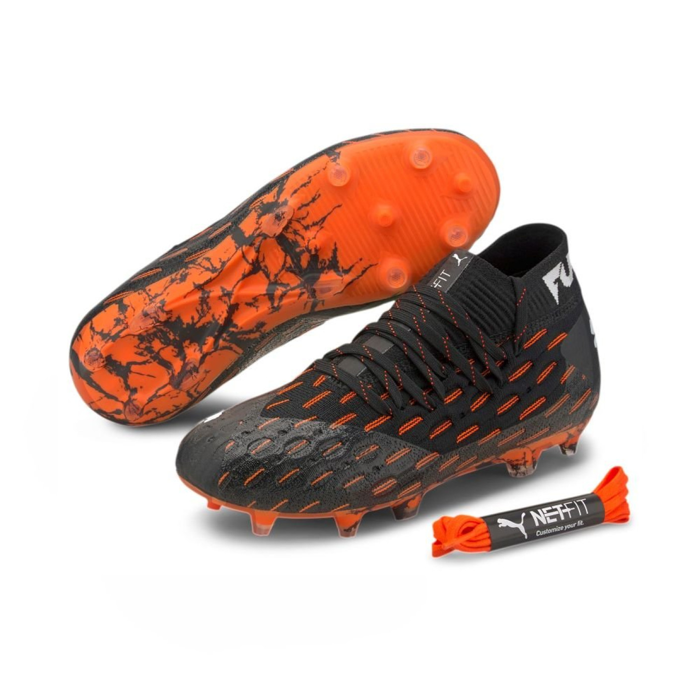 PUMA FUTURE 6.1 NETFIT Gras / Kunstgras Voetbalschoenen (MG) Kids Zwart Wit Oranje