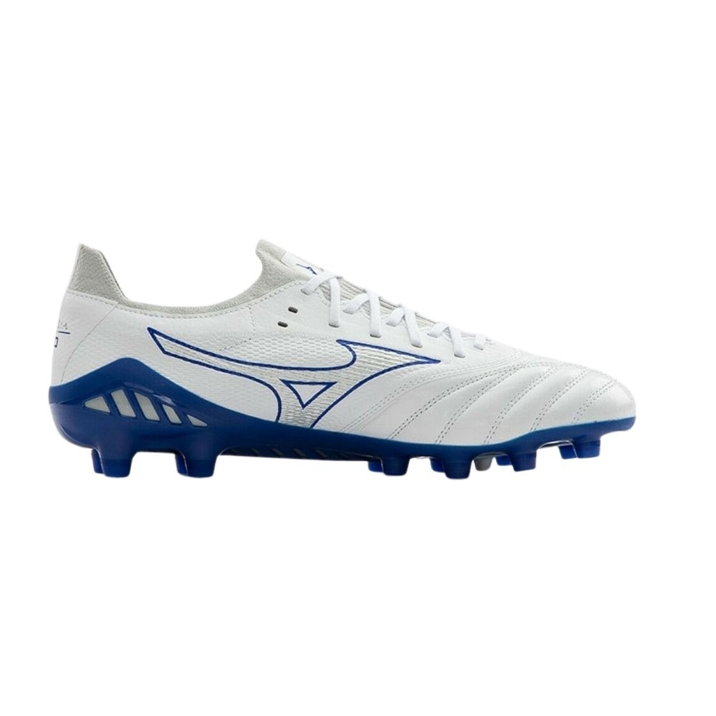 Mizuno Morelia Noe III Beta Elite Gazon Naturel Chaussures de Foot (FG) Blanc Bleu Gris