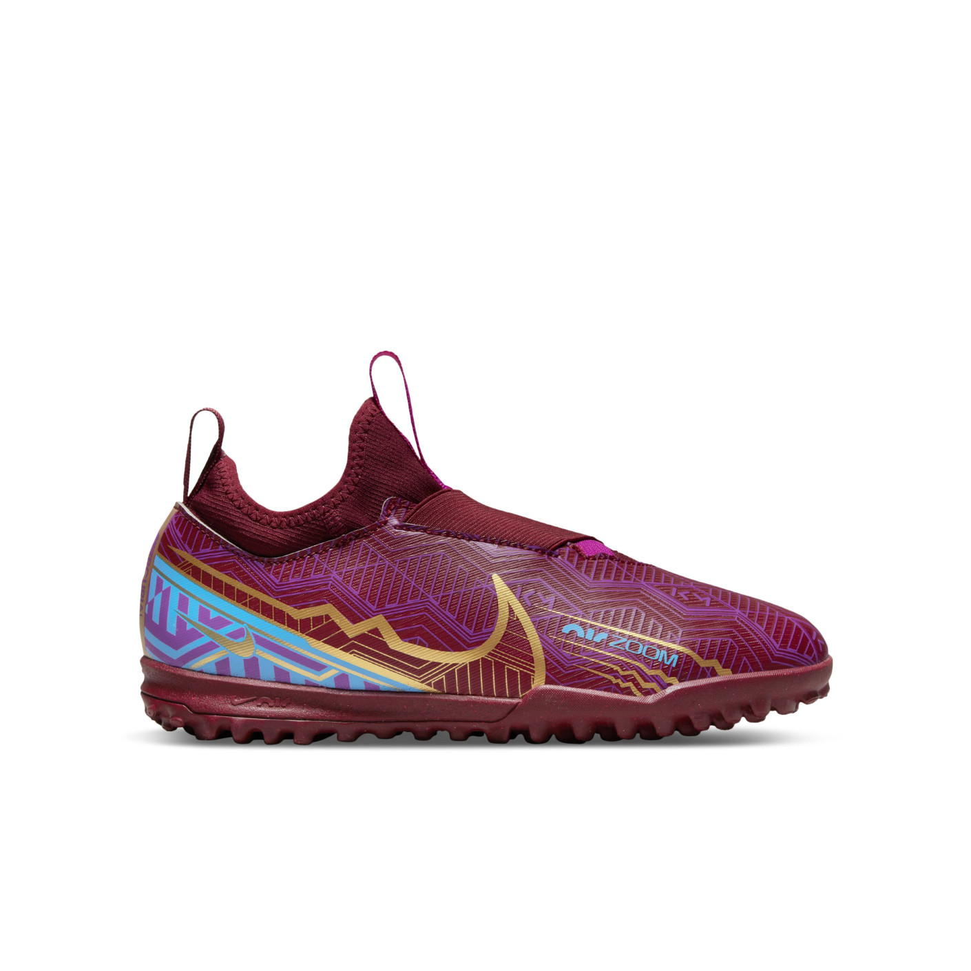 Nike Zoom Mercurial Vapor 15 Academy KM Turf Chaussures de Foot (TF) Enfants Mauve Bordeaux Or