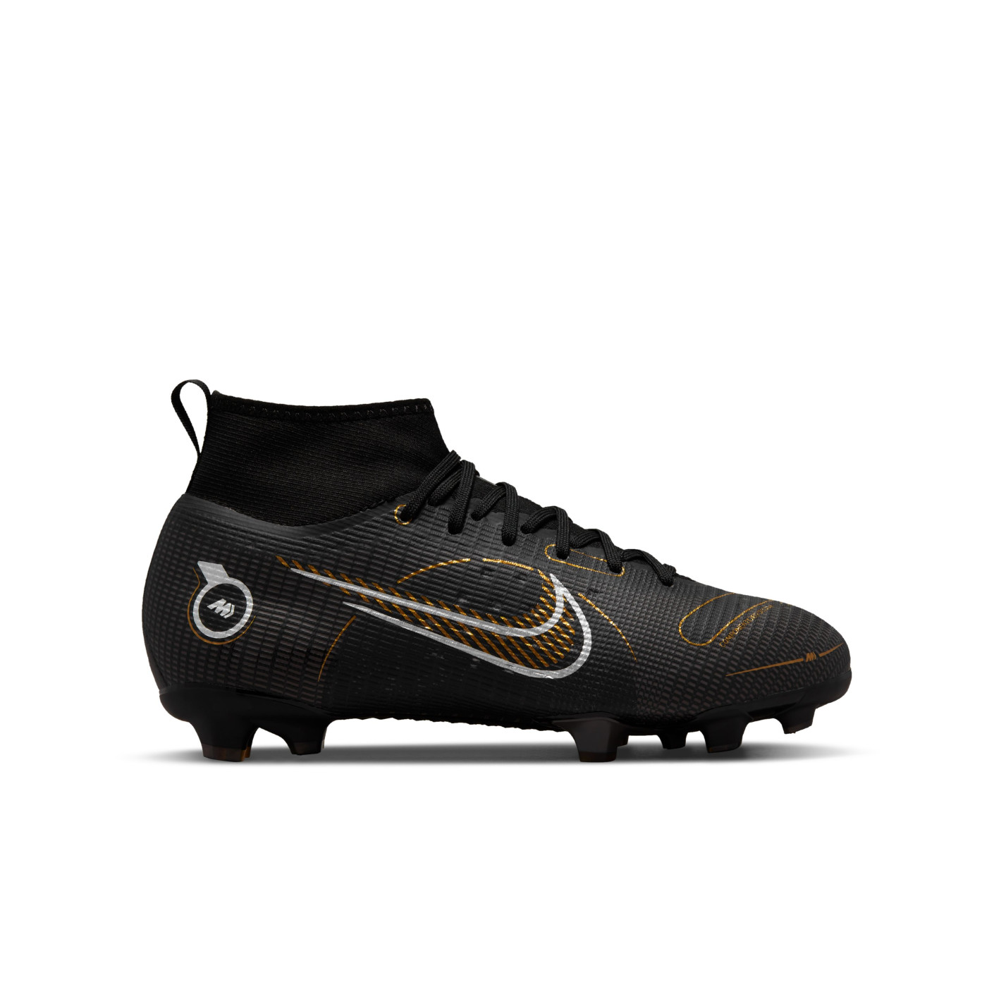 Nike Mercurial Superfly 8 Pro Gazon Naturel Chaussures de Foot (FG) Enfants Noir Gris Foncé Or