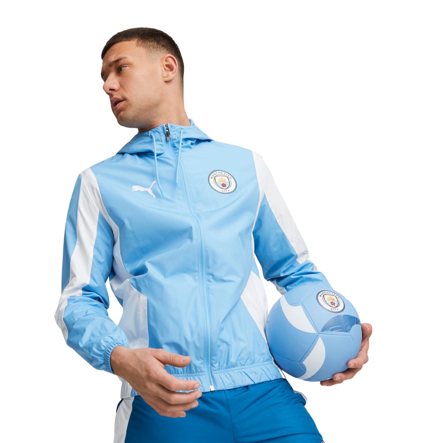 PUMA Manchester City Pre Match Anthem Veste d Entrainement 2023 2024 Bleu Clair Blanc Voetbalshop.be
