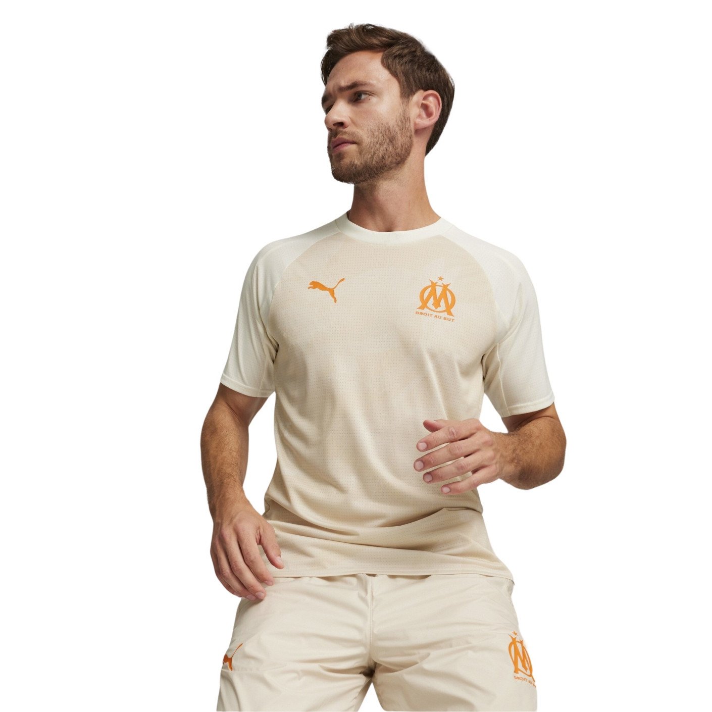 PUMA Olympique Marseille Pre-Match Trainingsshirt 2023-2024 Beige Oranje