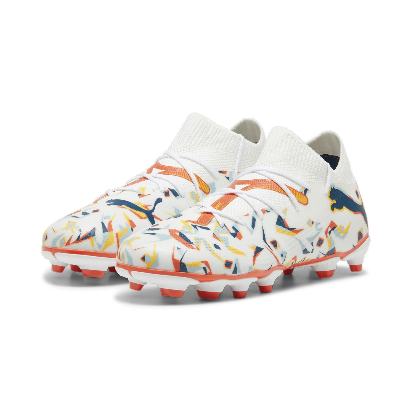 PUMA Future 7 Match Neymar Jr. Gazon Naturel Artificiel Chaussures de Foot (MG) Enfants Blanc Orange Multicolore