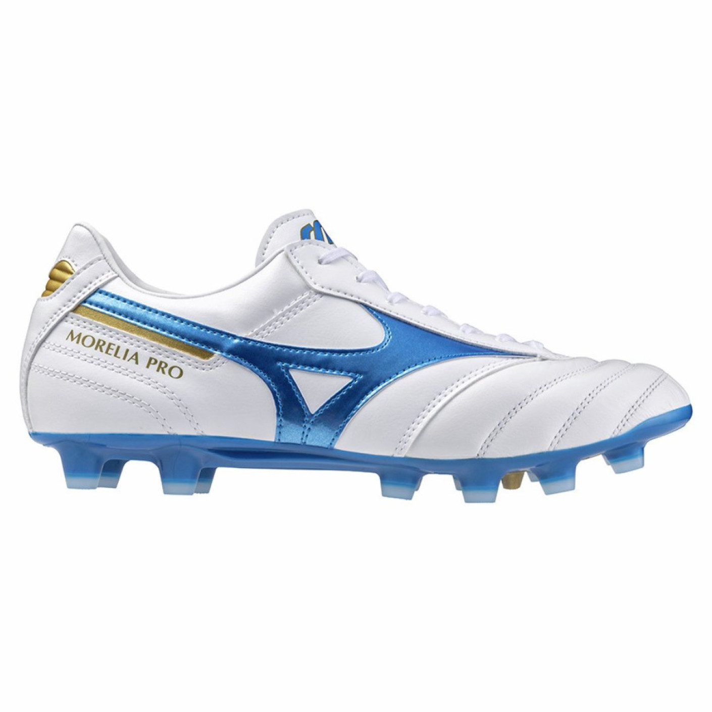 Mizuno Morelia II Pro Gazon Naturel Chaussures de Foot (FG) Blanc Bleu Doré