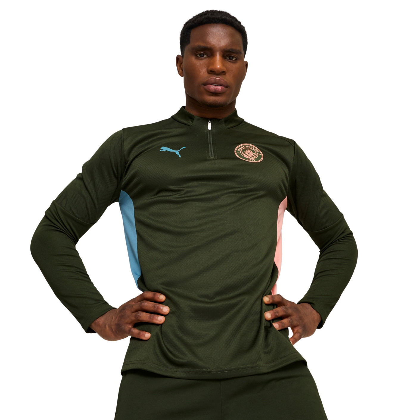 PUMA Manchester City Trainingstrui 1/4-Zip 2024-2025 Olijfgroen Lichtblauw Roze