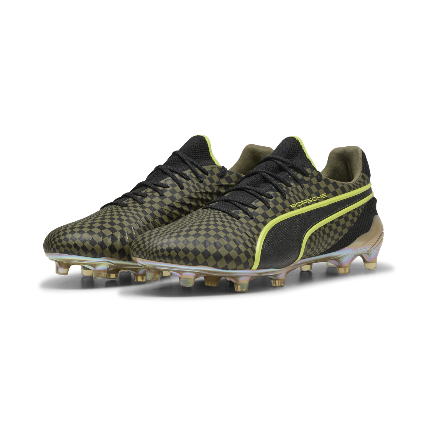 PUMA King Ultimate X Porsche Gazon Naturel Artificiel Chaussures de Foot (MG) Vert Olive Noir Doré