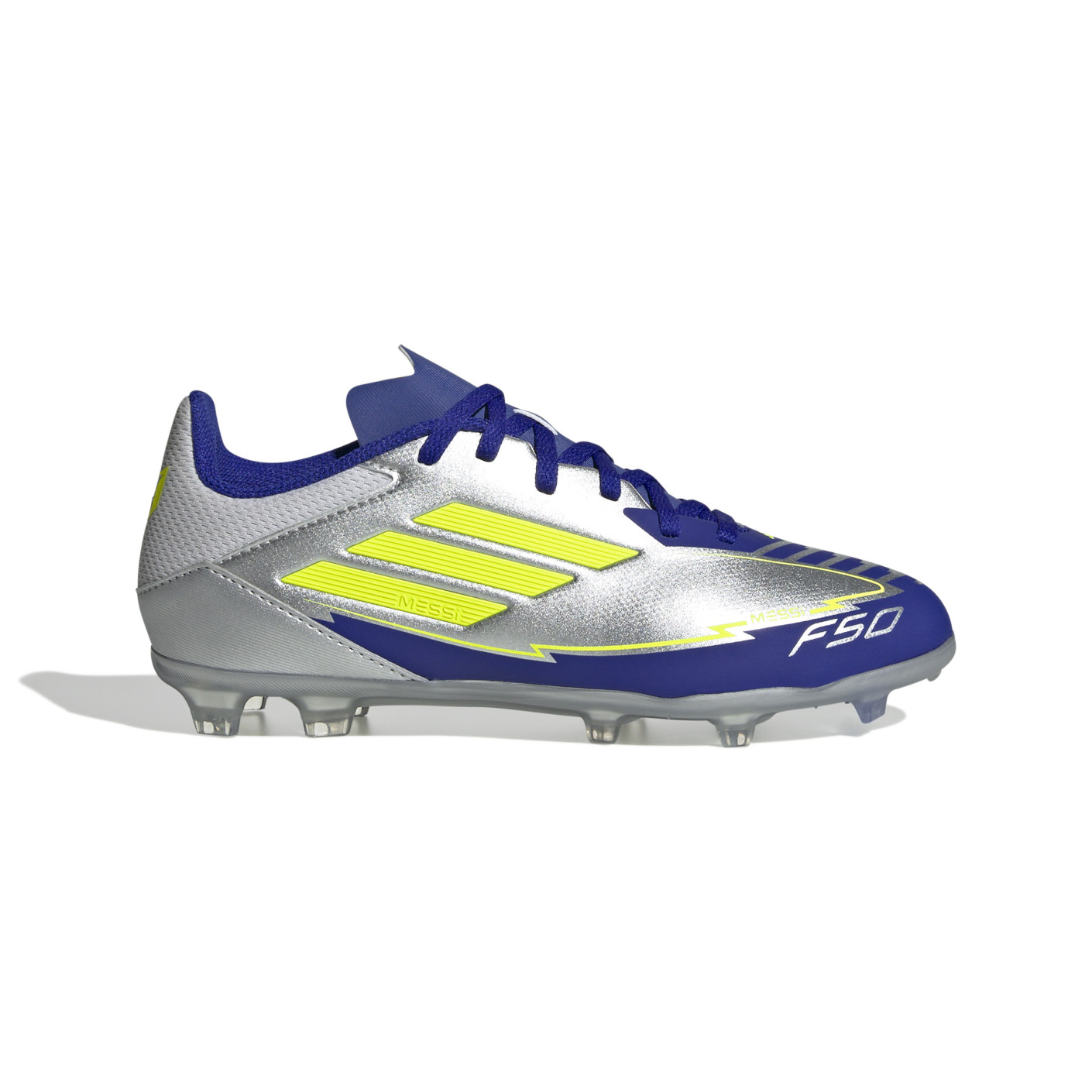 adidas F50 Messi League Gazon Naturel Artificiel Chaussures de Foot (MG) Enfants Argenté Bleu Foncé Jaune