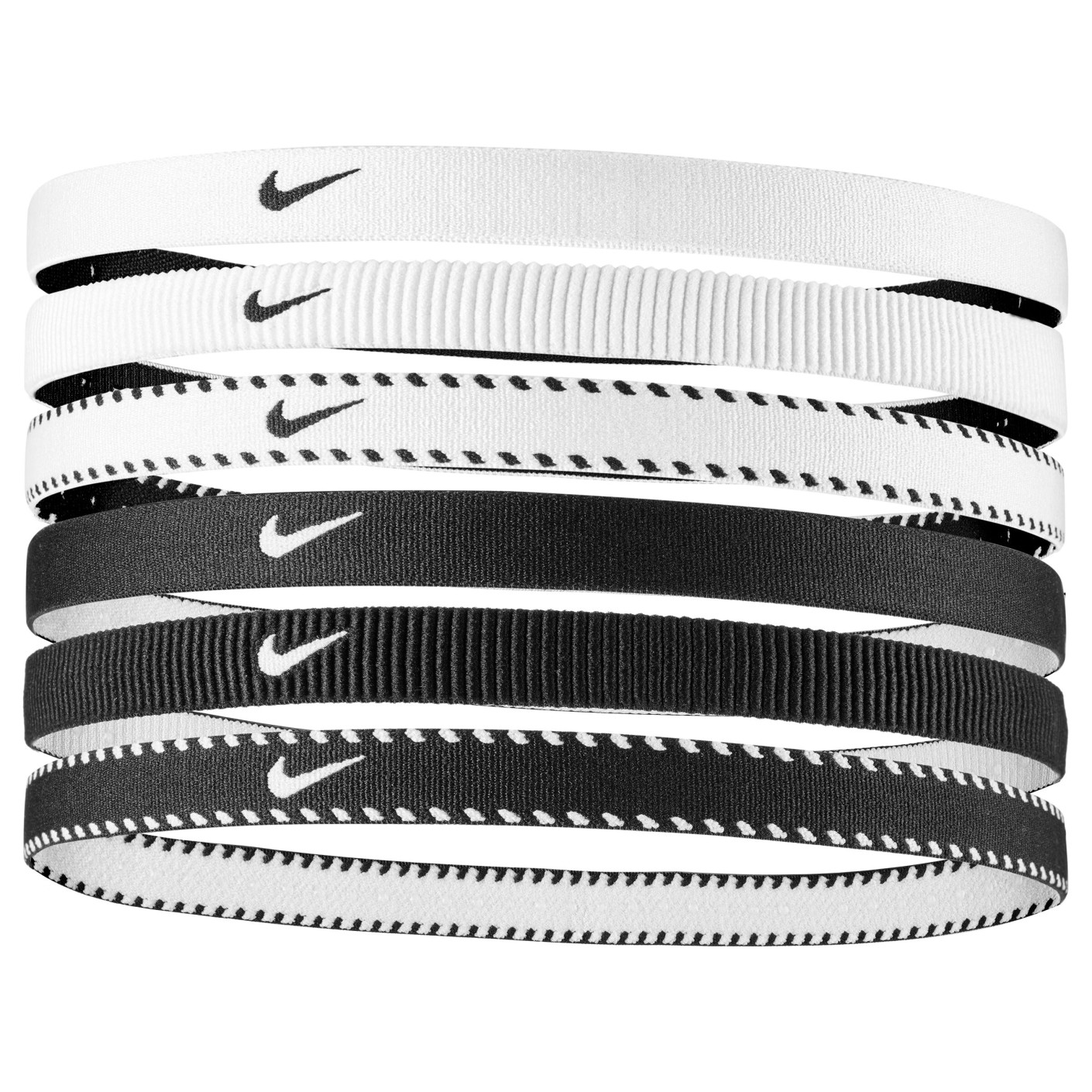 Lot de 6 Bandeaux pour cheveux Nike Flex Classic, blanc et noir