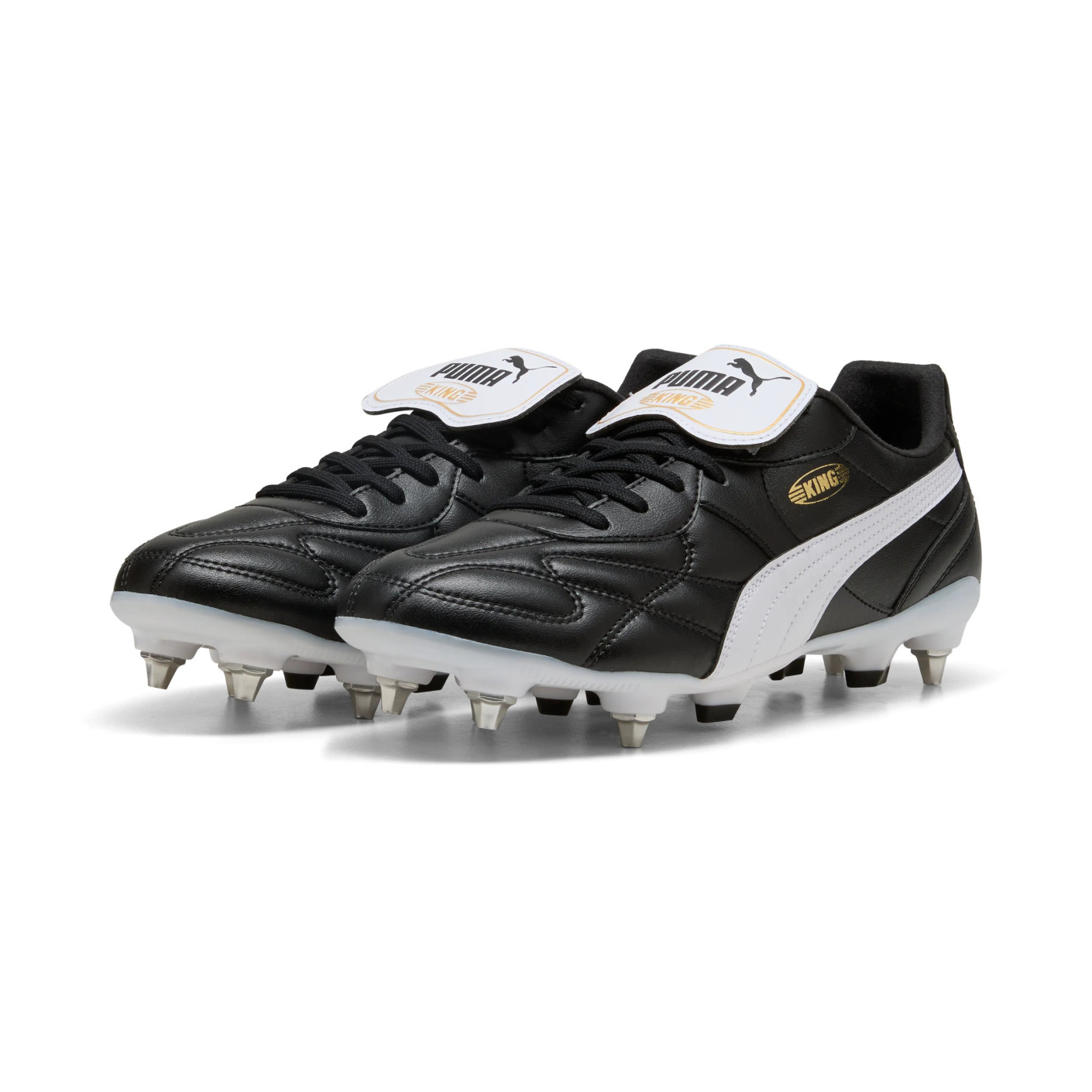 PUMA King Top Crampons Vissés Chaussures de Foot (SG) Noir Blanc Doré