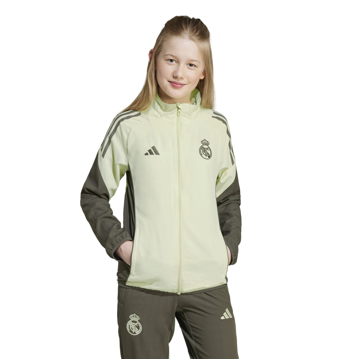 adidas Real Madrid Présentation Veste d'Entraînement 2025-2026 Enfants Vert Clair Gris