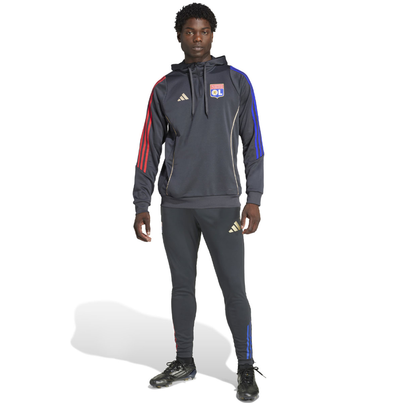 adidas Olympique Lyon Track Survêtement à Capuche 2025-2026 Gris Foncé Doré Rouge Bleu