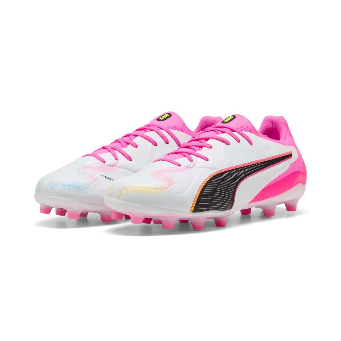 PUMA King 20 Pro Gazon Naturel Artificiel Chaussures de Foot (MG) Blanc Rose Vif Bleu Jaune