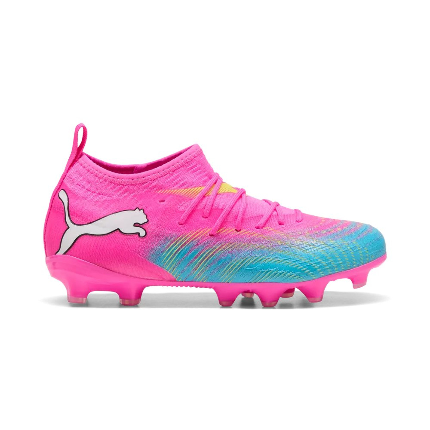 PUMA Future 9 Match Gras / Kunstgras Voetbalschoenen (MG) Kids Felroze Blauw Geel