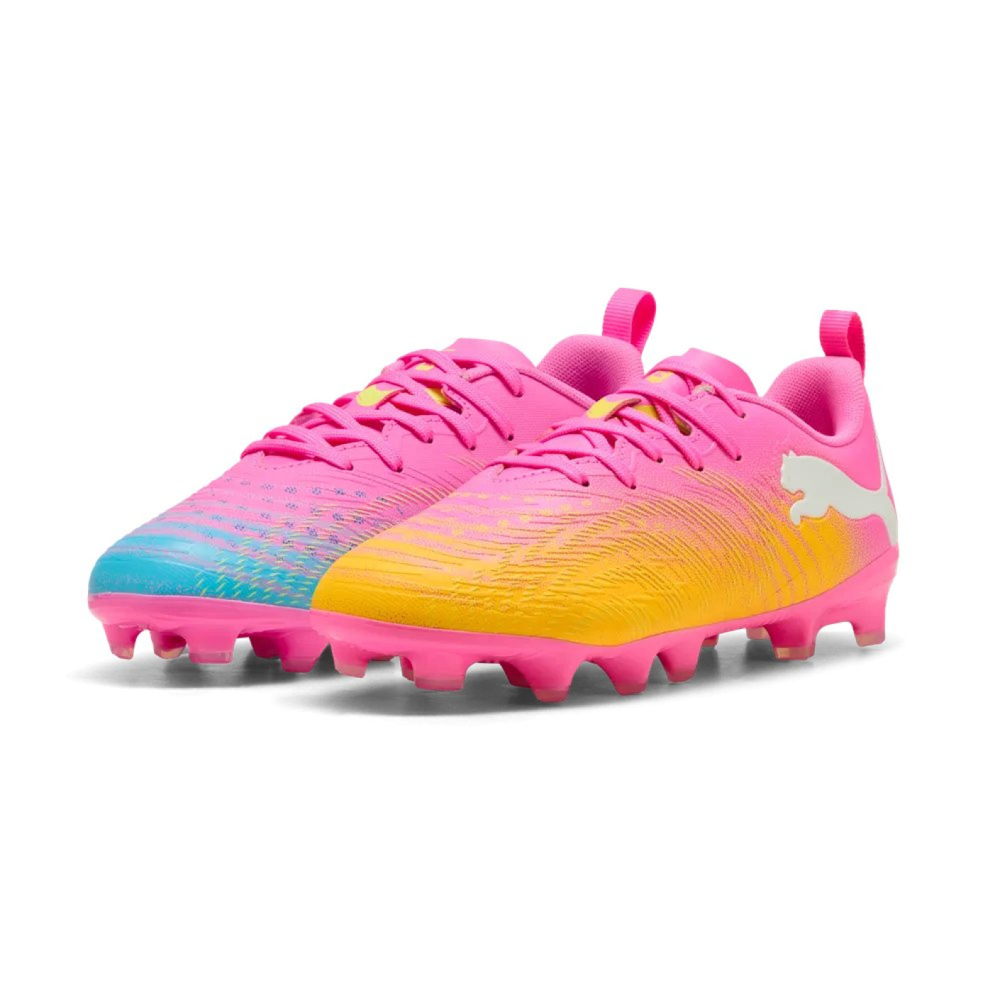 PUMA Future 9 Play Gras / Kunstgras Voetbalschoenen (MG) Kids Felroze Blauw Geel