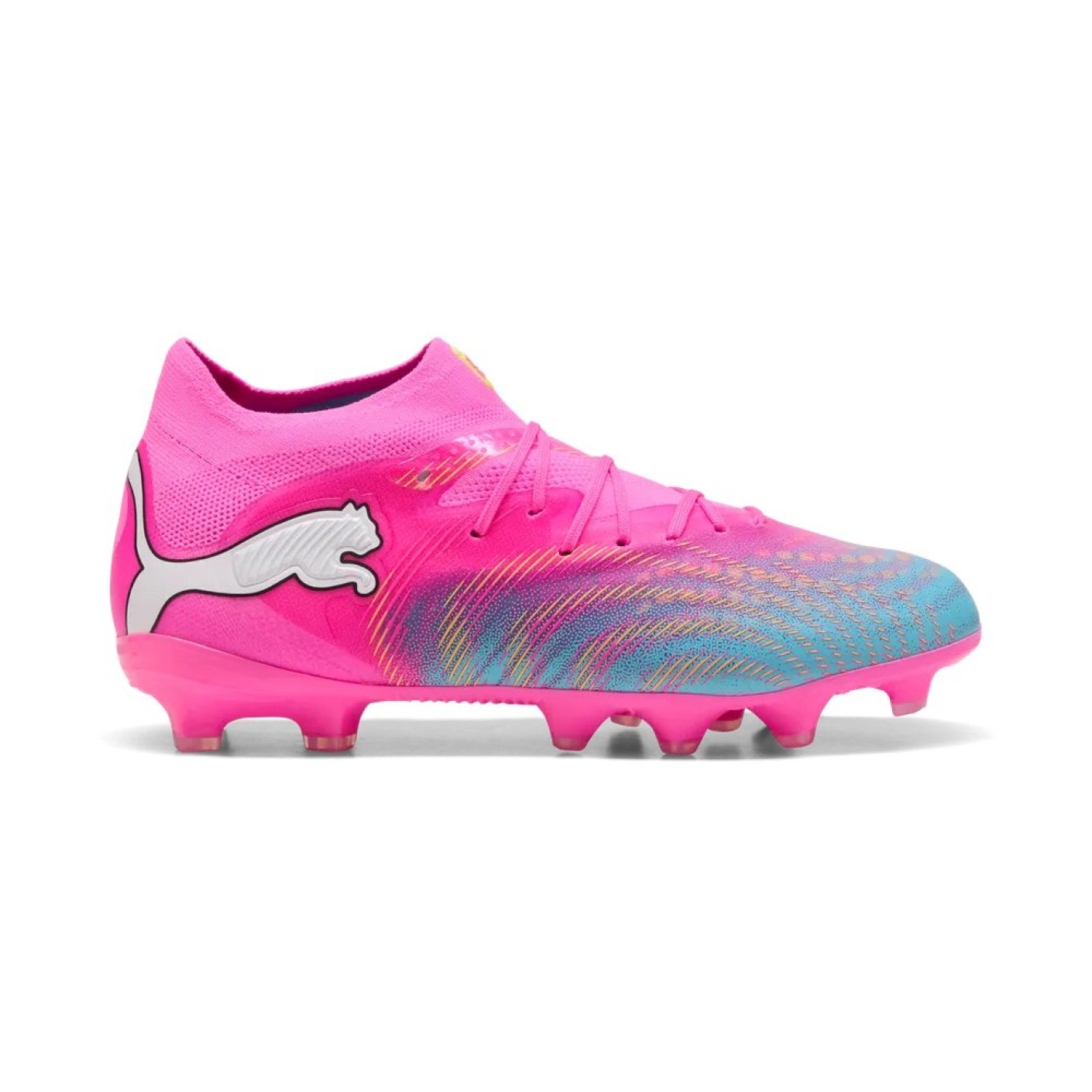 PUMA Future 9 Pro Gazon Naturel Artificiel Chaussures de Foot (MG) Enfants Rose Vif Bleu Jaune