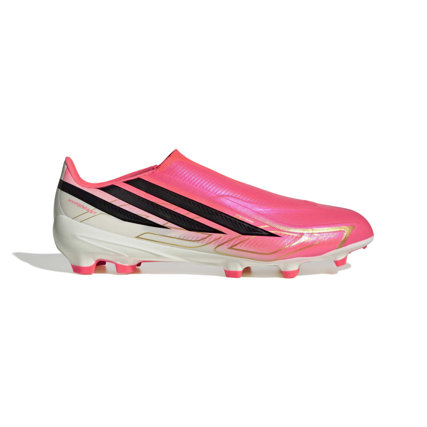 adidas F50 Hyperfast League Sans Lacets Gazon Naturel Chaussures de Foot (FG) Rose Vif Noir Doré Blanc