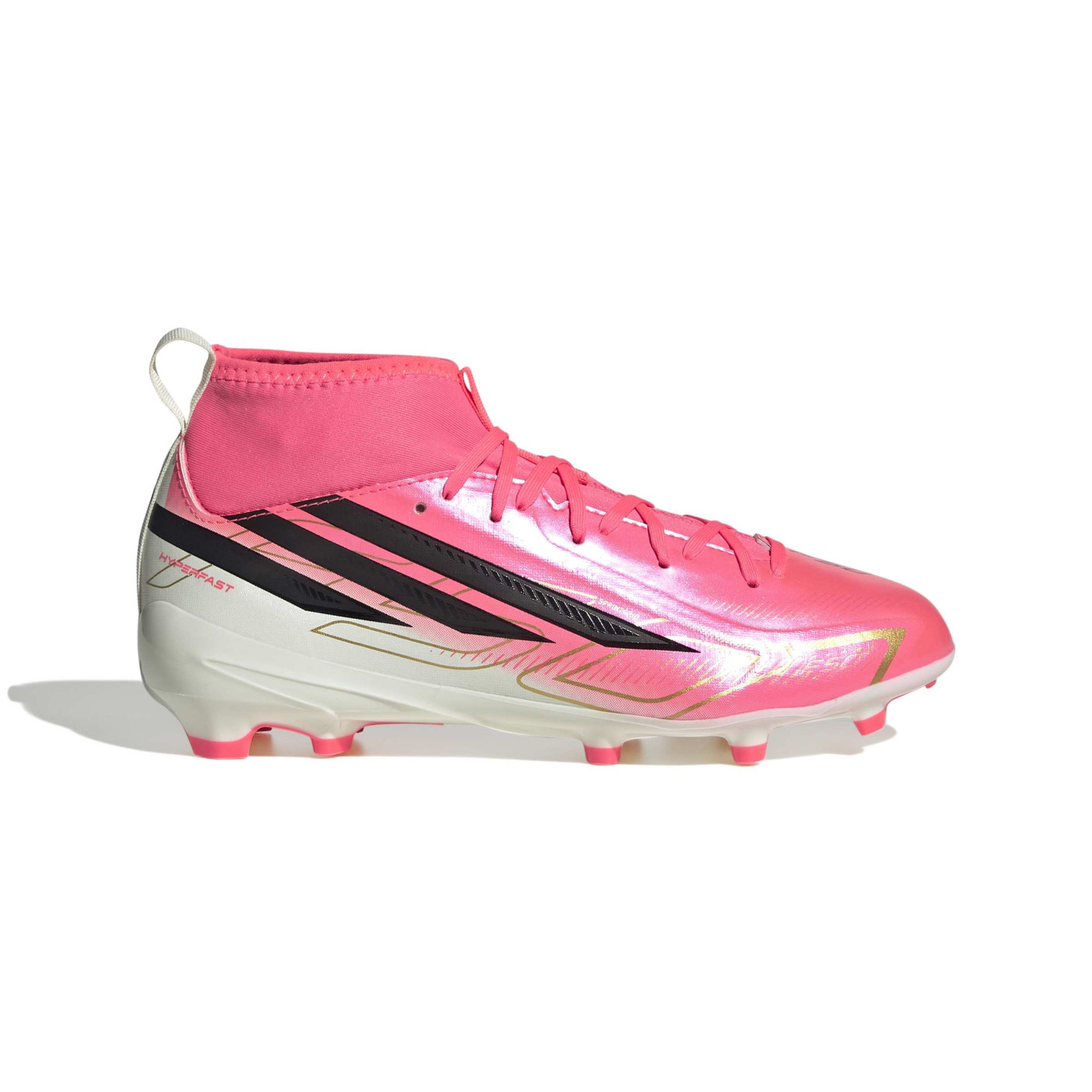 adidas F50 Hyperfast League Mid Gras Voetbalschoenen (FG) Kids Felroze Zwart Goud Wit