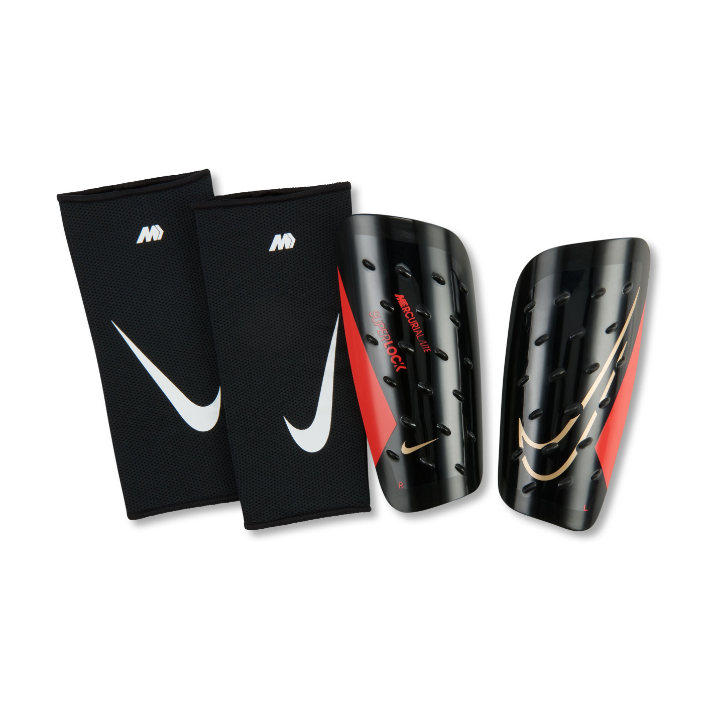 Nike Mercurial Lite Superlock Protège-Tibias Nike Mercurial Lite Superlock Noir Rouge Vif Doré Blanc