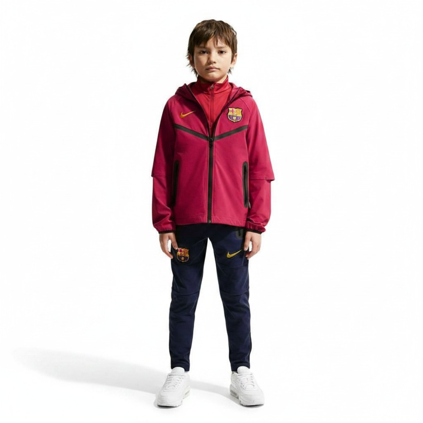 Nike FC Barcelone Tech Woven Survêtement à Capuche Full-Zip 2026-2027 Enfants Rouge Bleu Foncé Jaune