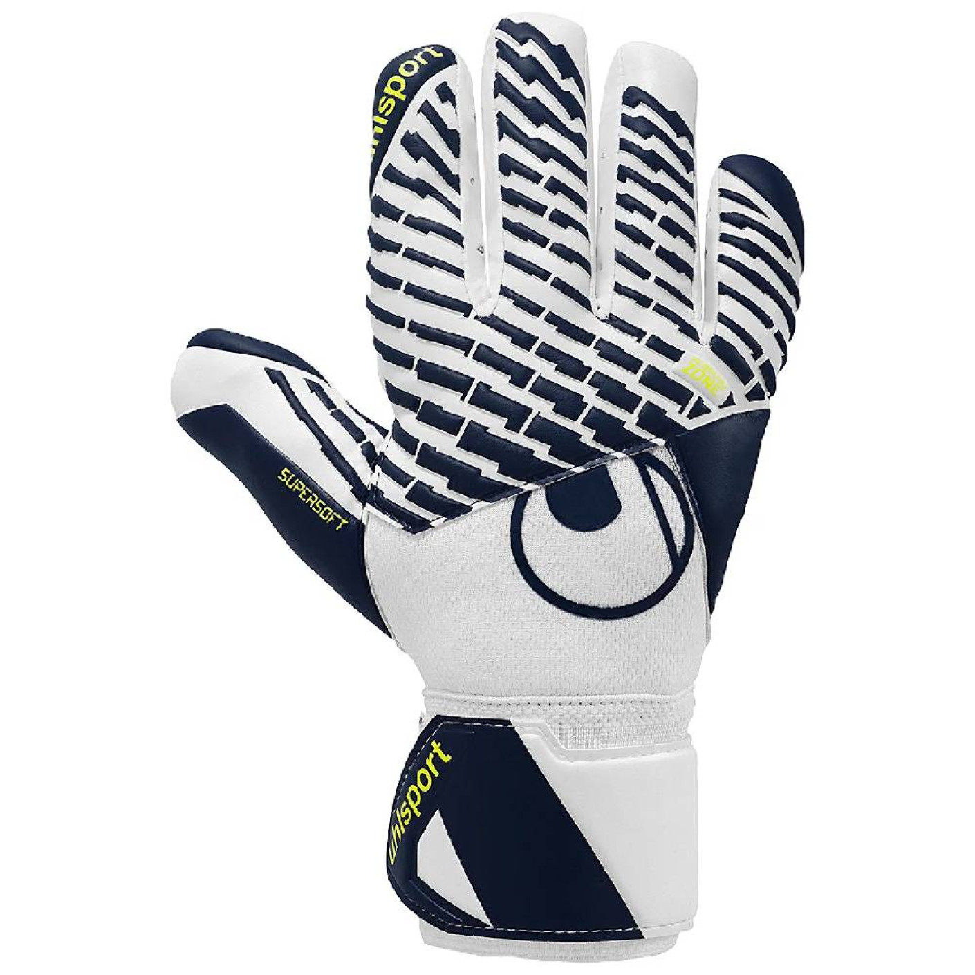 Uhlsport FM Supersoft HN Gants de Gardien de But Blanc Bleu Foncé Jaune Néon