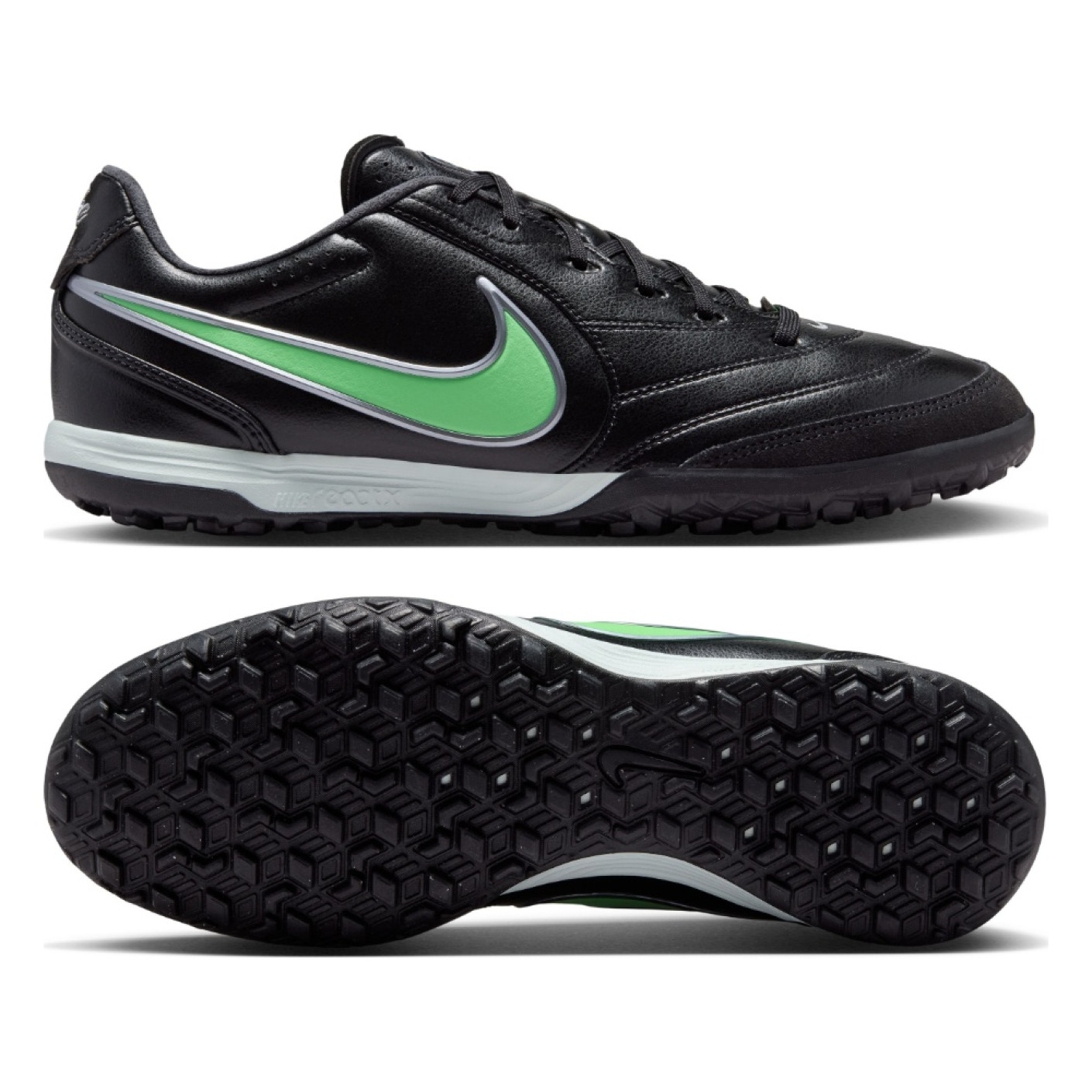 Nike Tiempo Ligera Pro Turf Chaussures de Foot (TF) Noir Vert Vif Gris Argenté