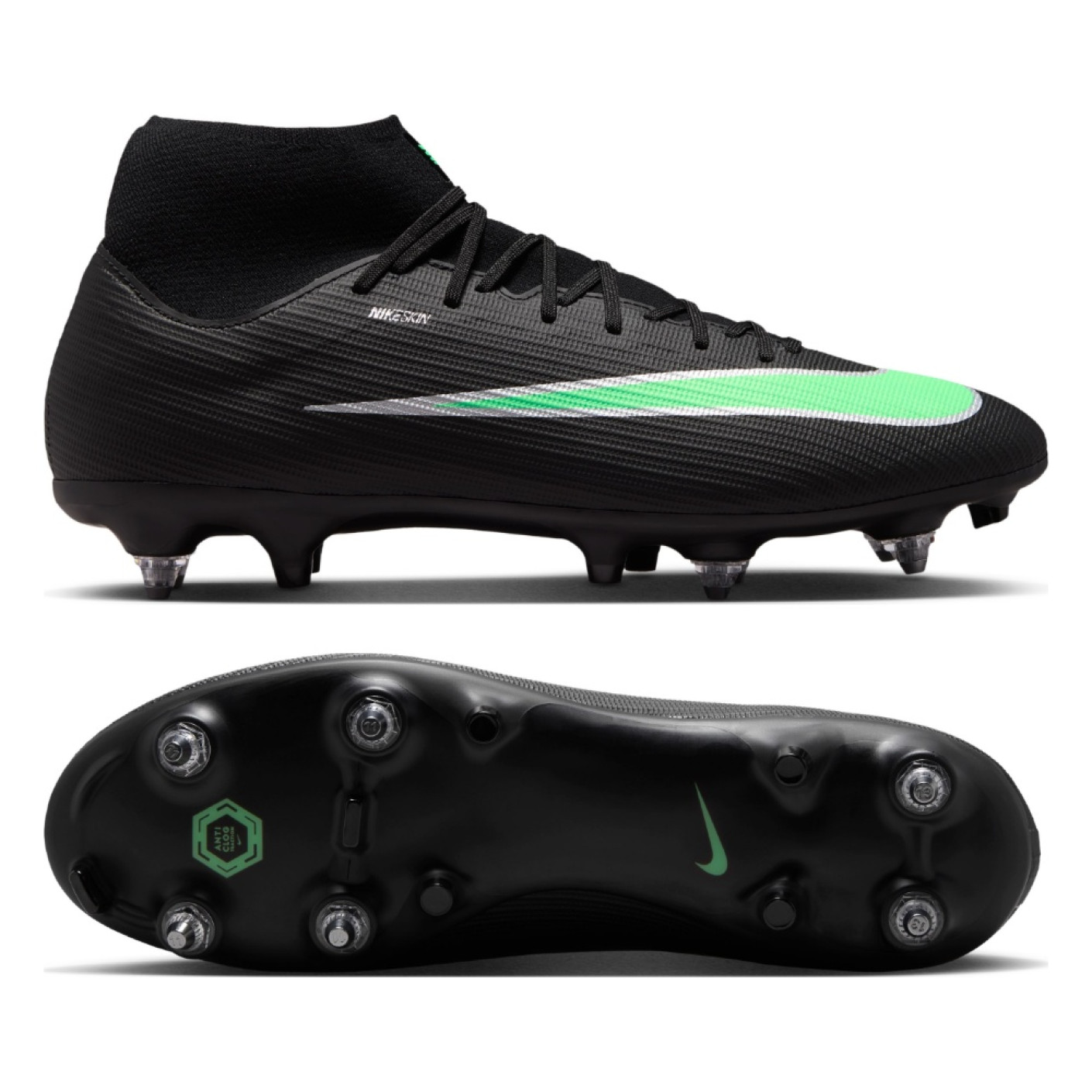 Nike Zoom Mercurial Superfly 11 Academy Crampons Vissés Chaussures de Foot (SG) Anti-Clog Noir Vert Vif Gris Argenté
