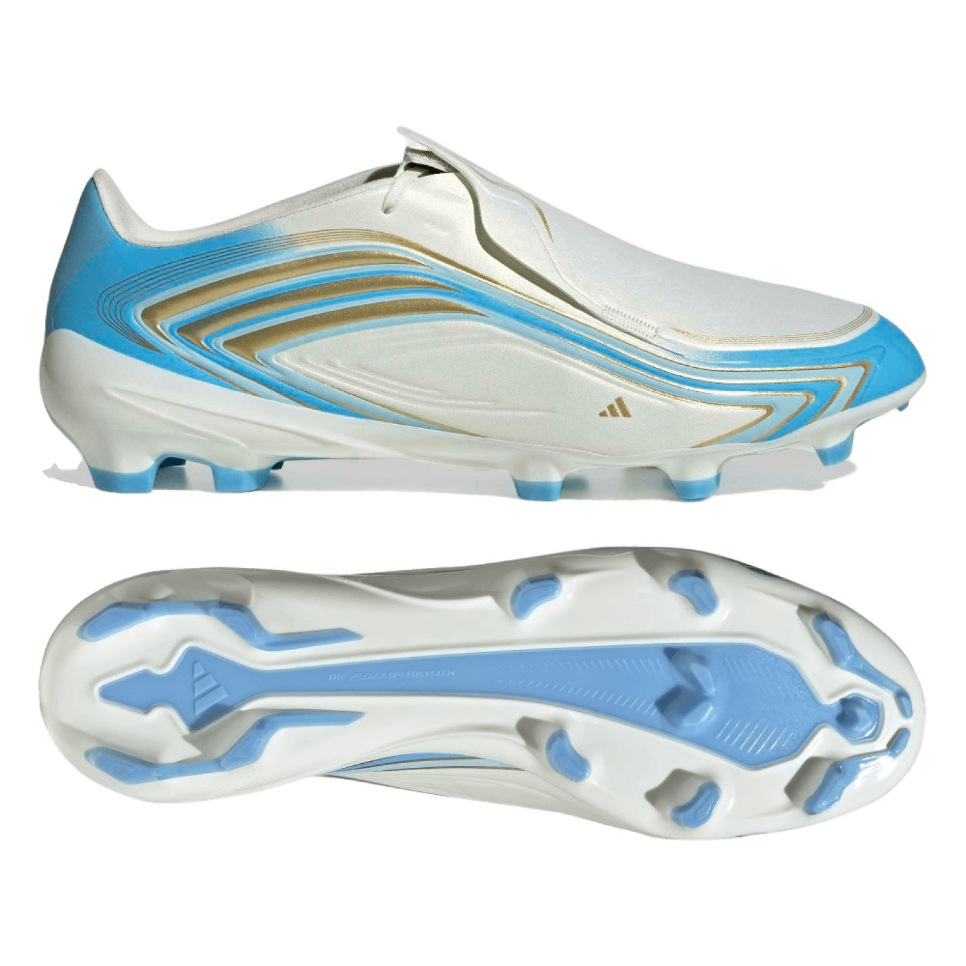 adidas F50 Messi League Gazon Naturel Chaussures de Foot (FG) Blanc Bleu Clair Doré