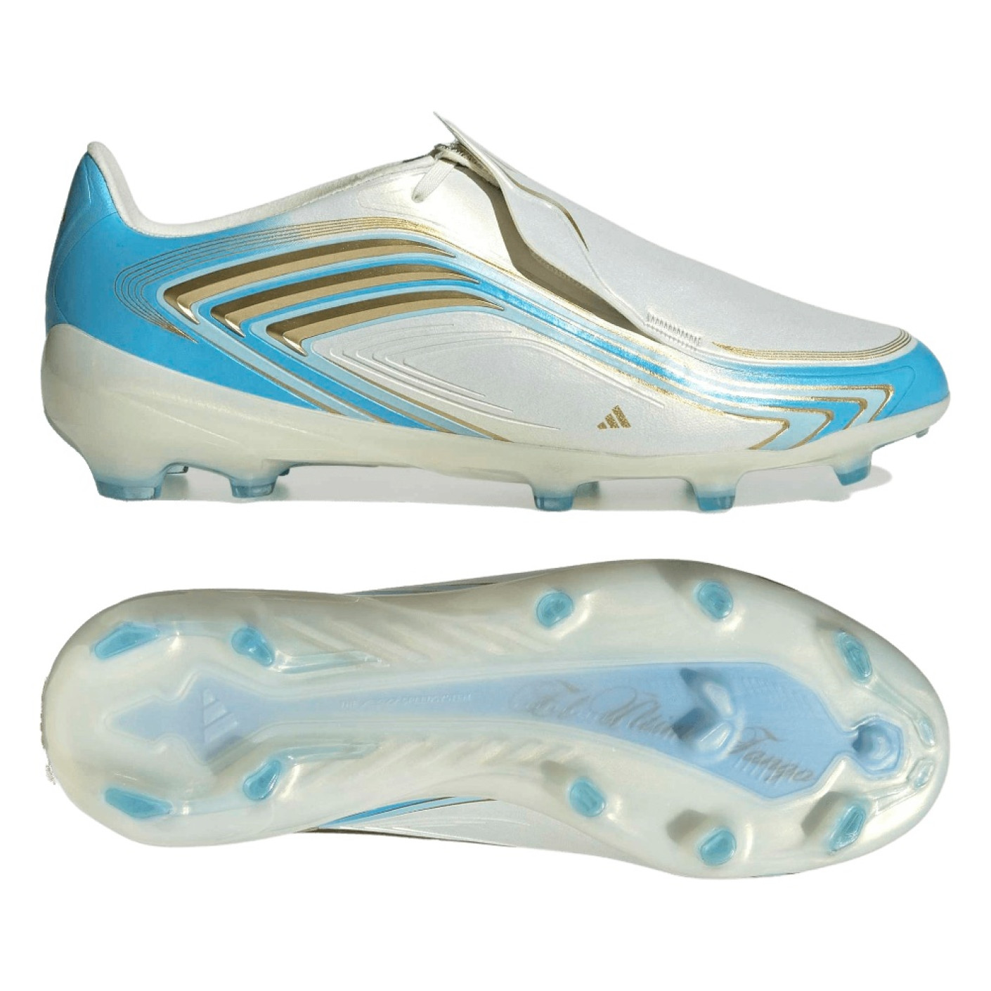 adidas F50 Messi Elite Gazon Naturel Chaussures de Foot (FG) Enfants Blanc Bleu Clair Doré