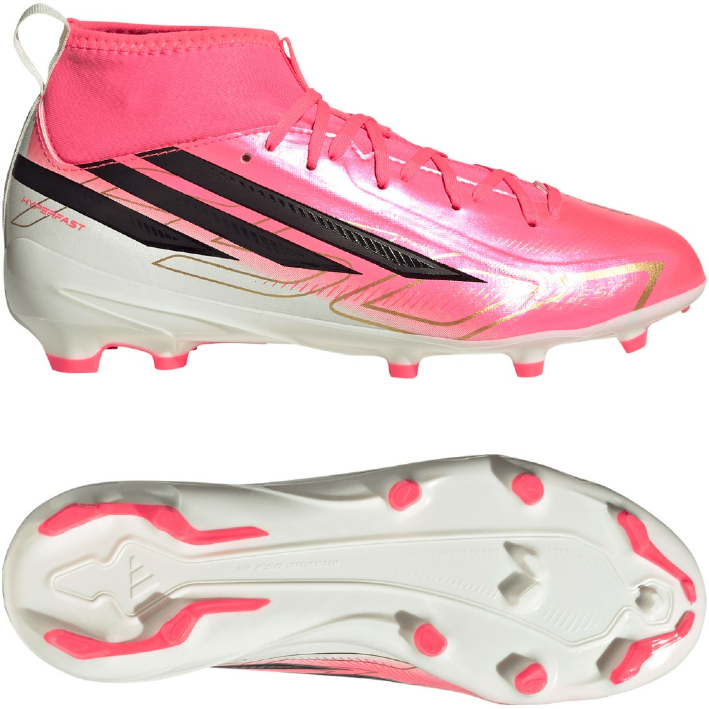 adidas F50 Hyperfast League Mid Gazon Naturel Chaussures de Foot (FG) Enfants Rose Vif Noir Doré Blanc