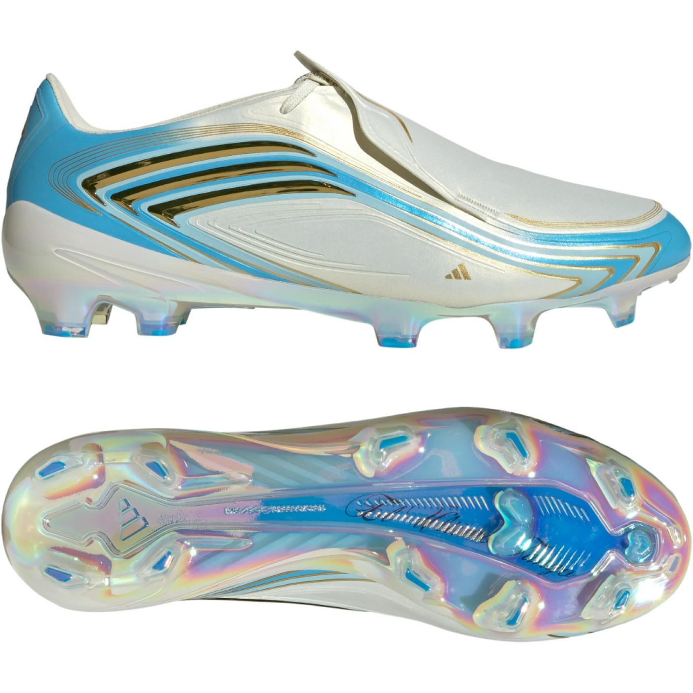 adidas F50 Messi Elite Gazon Naturel Chaussures de Foot (FG) Blanc Bleu Clair Doré
