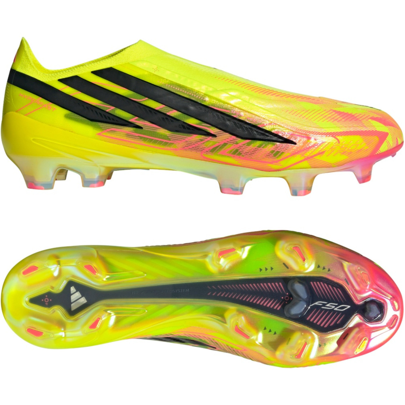 adidas F50 Hyperfast Elite Too Light Sans Lacets Gazon Naturel Chaussures de Foot (FG) Néon Jaune Noir Rose