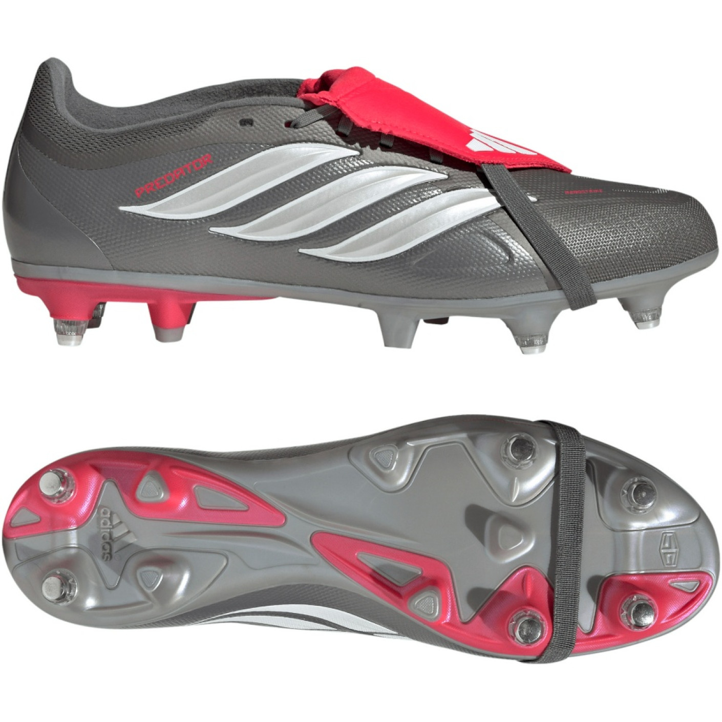 adidas Predator League FT Crampons Vissés Chaussures de Foot (SG) Gris Foncé Blanc Argenté Rouge