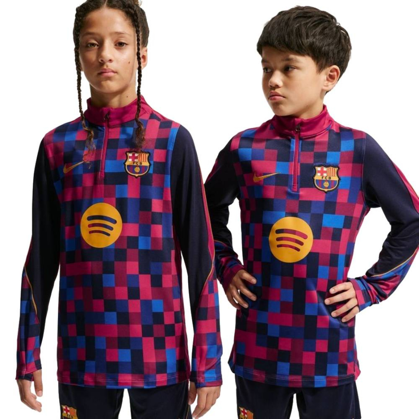 Haut d'entraînement d'avant-match Nike FC Barcelona Strike 1/4-Zip 2026-2027 pour Enfants, rouge, bleu foncé, jaune