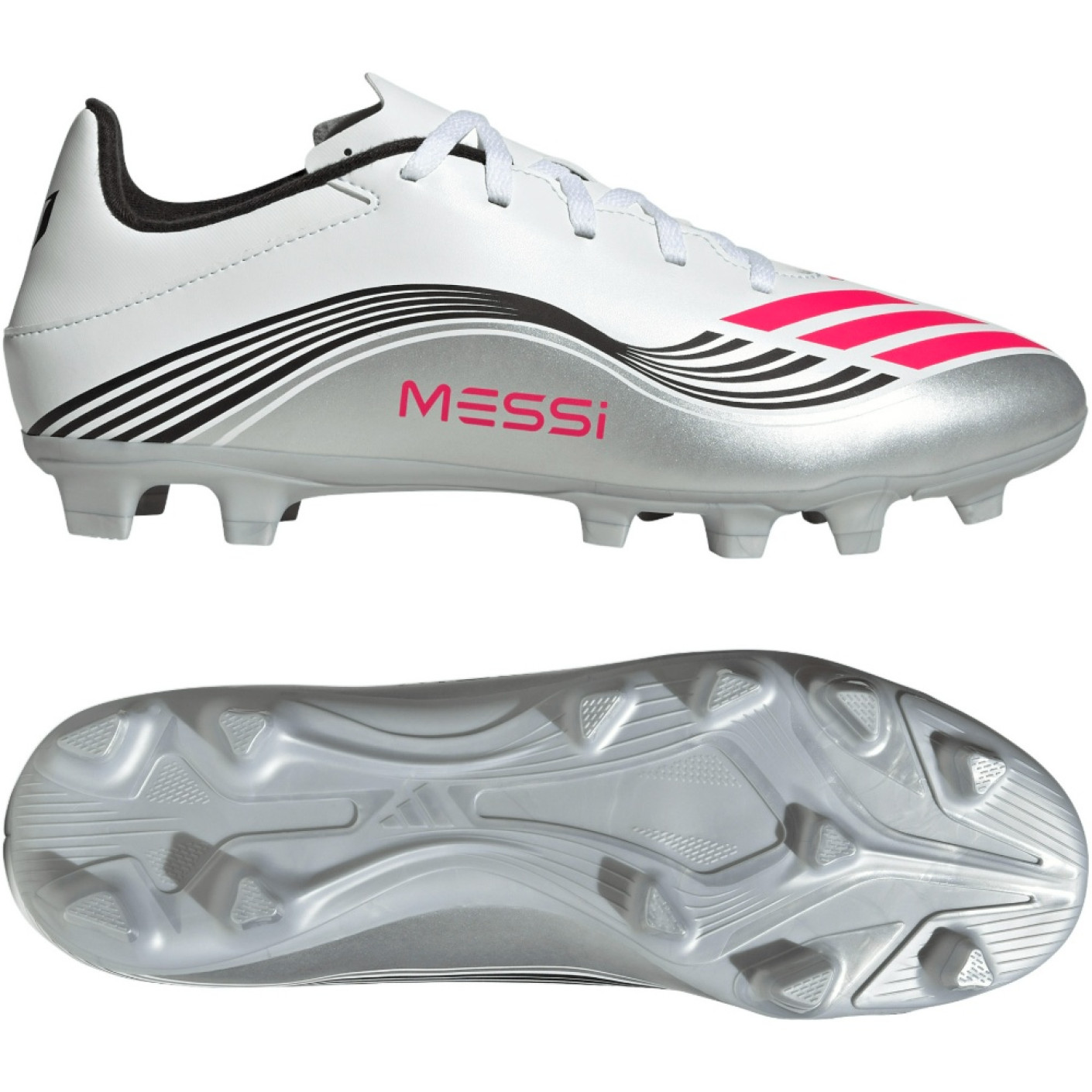 adidas F50 Messi Club Gazon Naturel Artificiel Chaussures de Foot (MG) Blanc Argenté Rouge