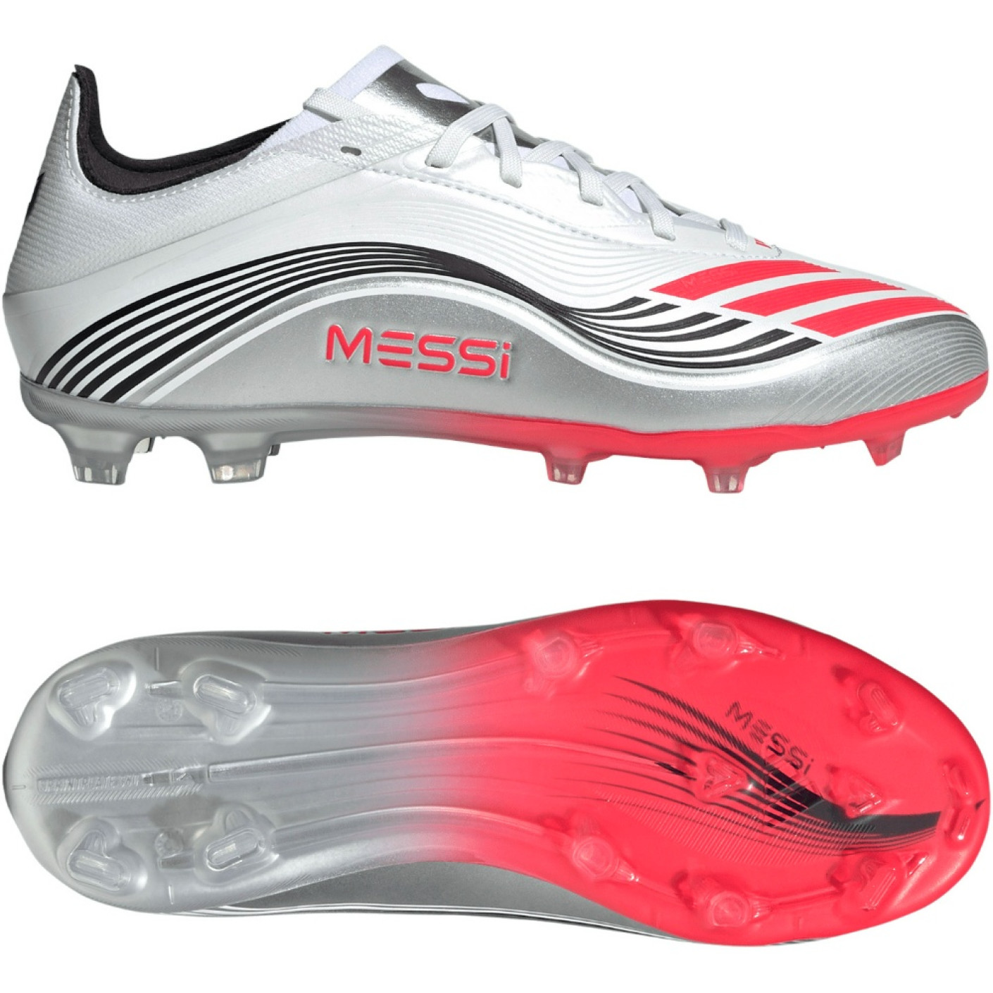 adidas F50 Messi Elite Gazon Naturel Chaussures de Foot (FG) Enfants Blanc Argenté Rouge