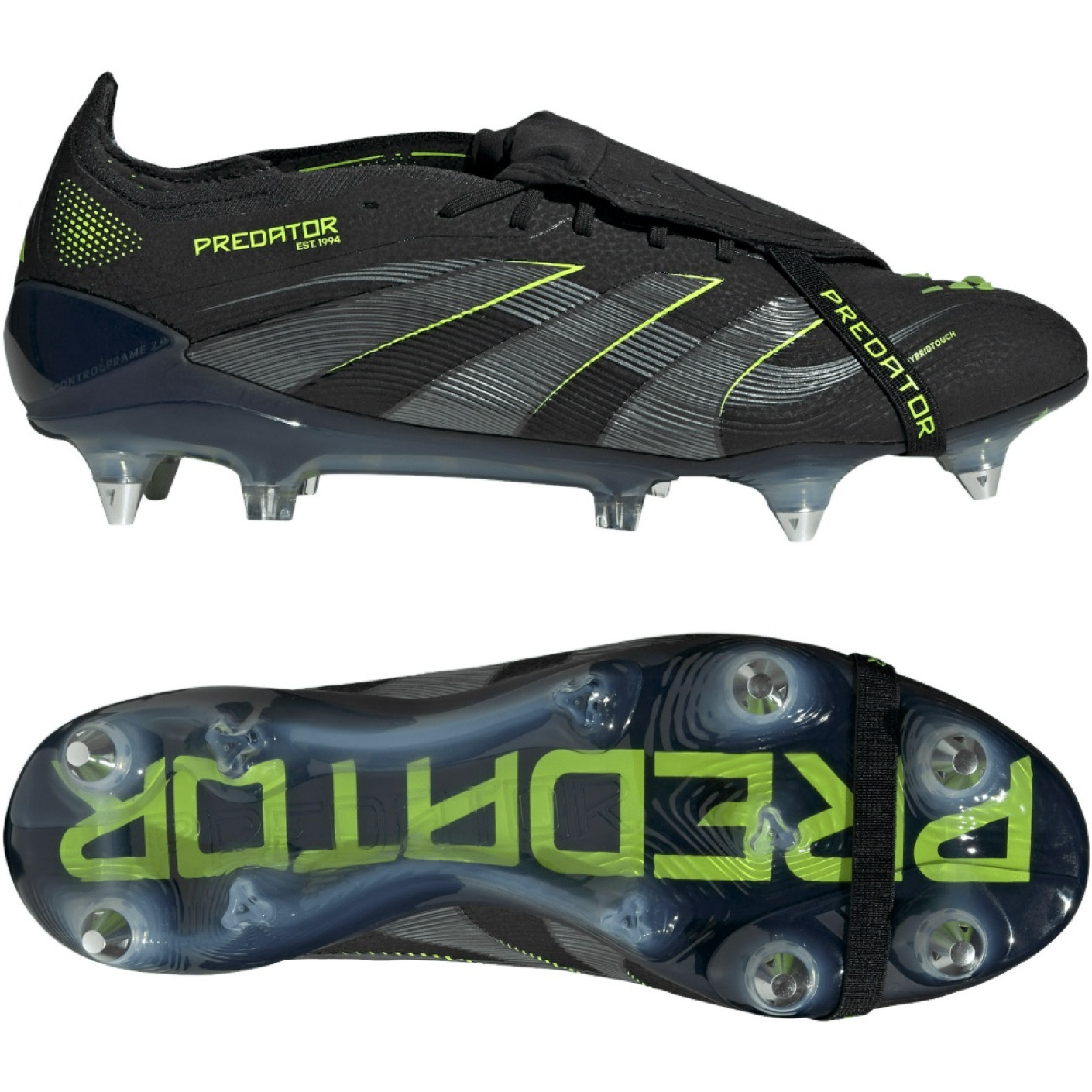 adidas Predator Elite FT Crampons Vissés Chaussures de Foot (SG) Noir Gris Foncé Jaune Néon