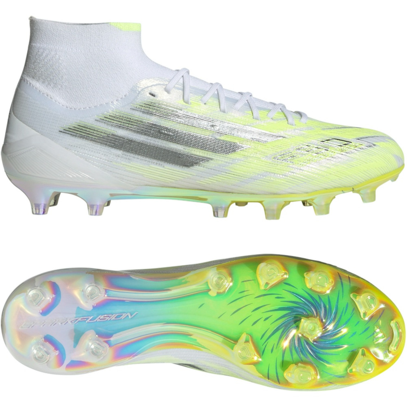 adidas F50 Sparkfusion Elite Gazon Naturel Artificiel Chaussures de Foot (MG) Femmes Blanc Gris Néon Jaune