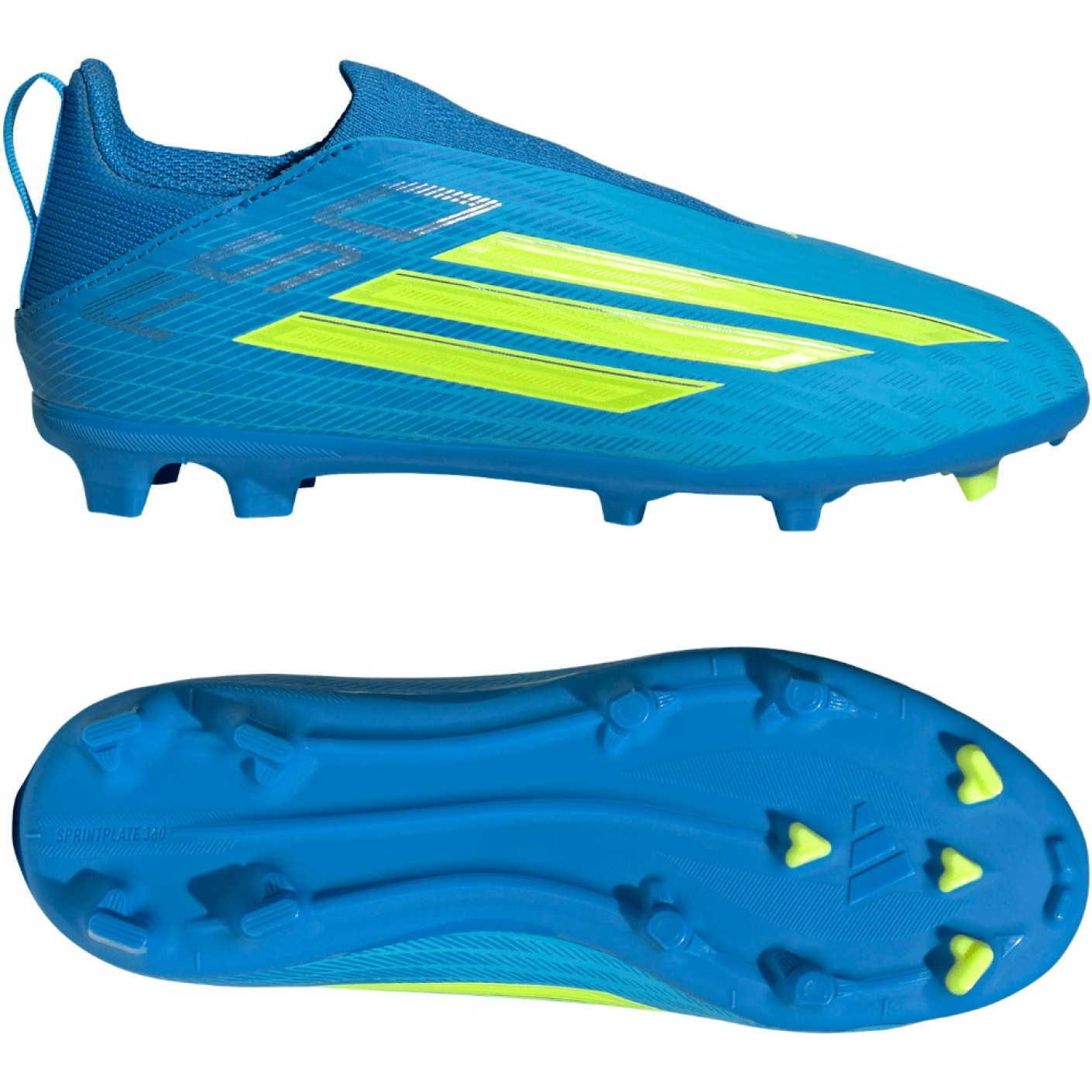 adidas F50 League Sans Lacets Gazon Naturel Artificiel Chaussures de Foot (MG) Enfants Bleu Néon Jaune