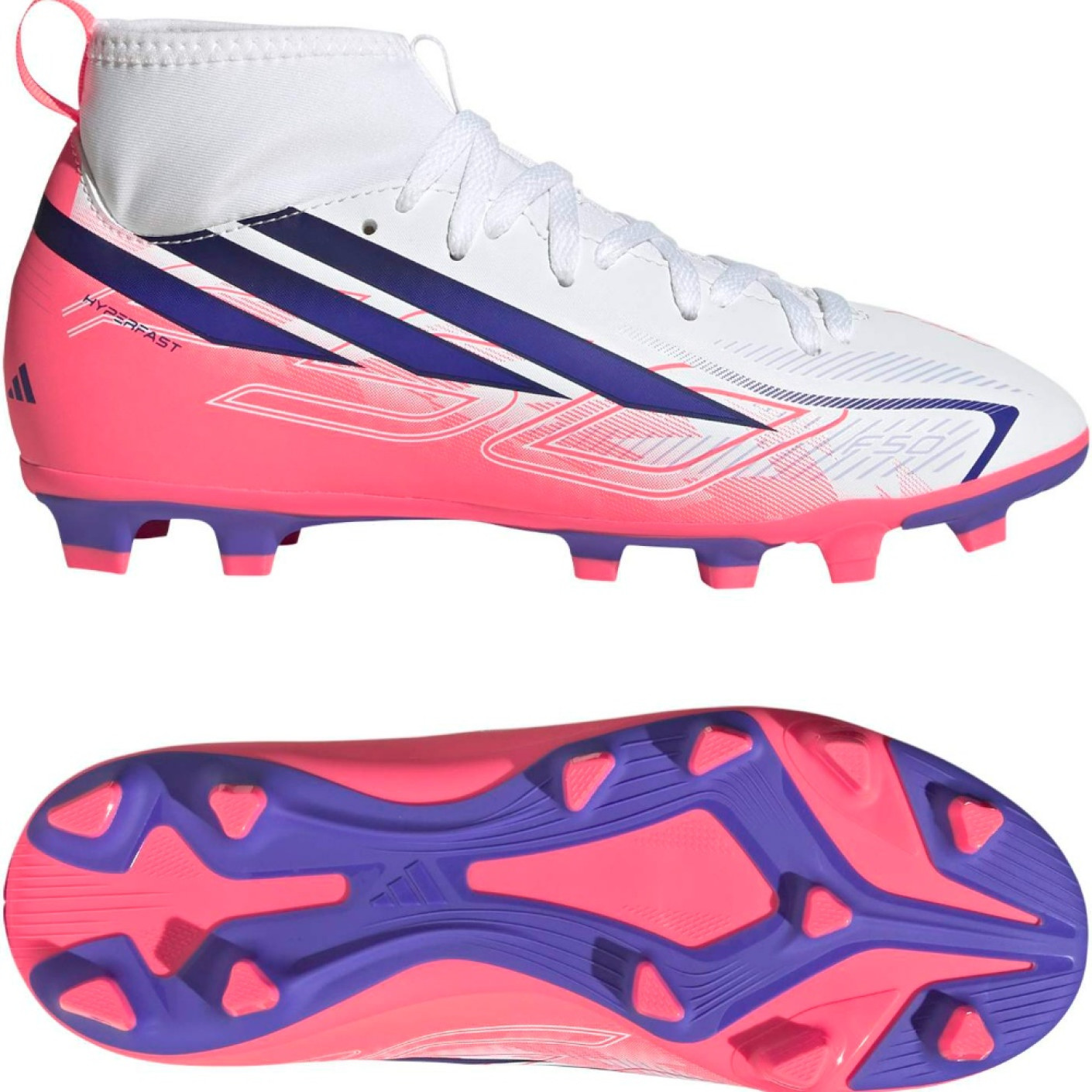 adidas F50 Hyperfast Club Mid Gazon Naturel Artificiel Chaussures de Foot (MG) Enfants Blanc Mauve Rose