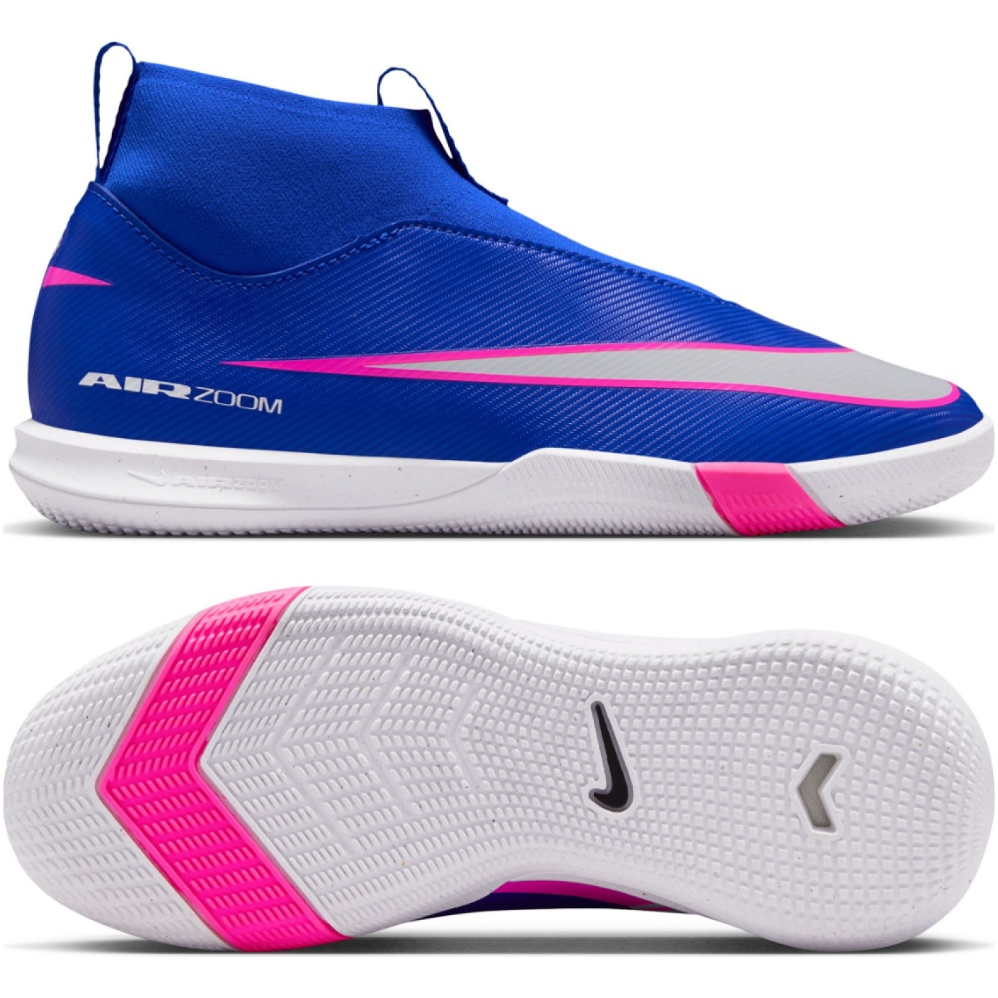 Nike Zoom Mercurial Superfly 10 Academy Sans Lacets Chaussures de Foot en Salle (IN) Enfants Bleu Blanc Rose Vif