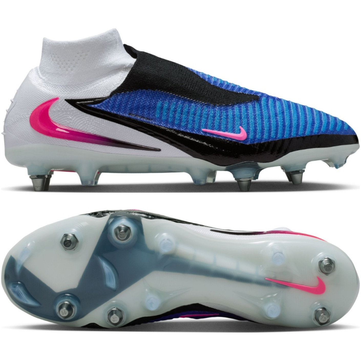Nike Phantom 6 High Elite Crampons Vissés Chaussures de Foot (SG) Bleu Blanc Rose Vif
