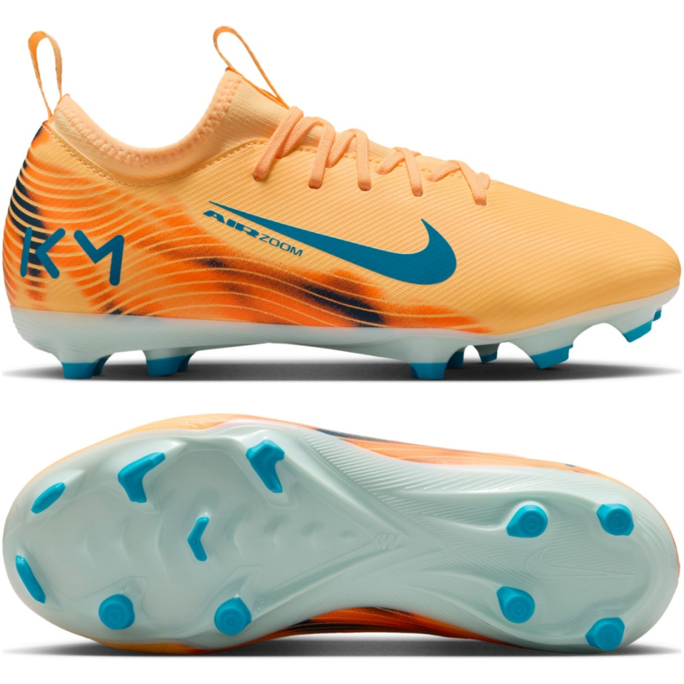 Nike Zoom Mercurial Vapor 16 Mbappé Academy Gazon Naturel Artificiel Chaussures de Foot (MG) Enfants Orange Clair Turquoise