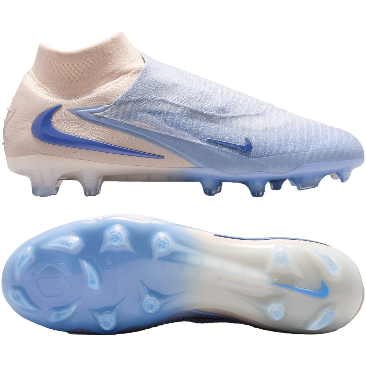 Nike Phantom 6 High LV8 Elite Gazon Naturel Chaussures de Foot (FG) Blanc Cassé Bleu Clair Bleu