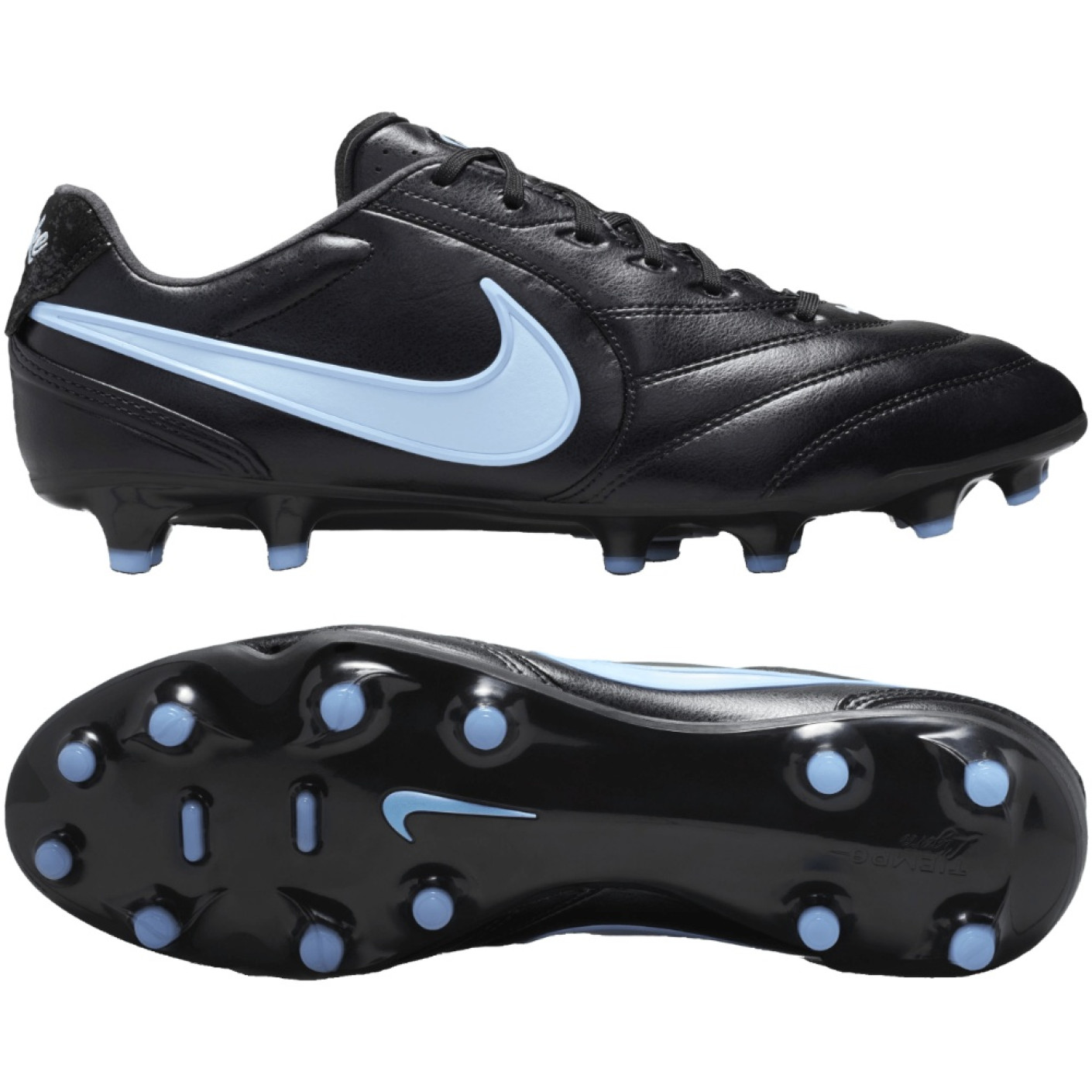 Nike Tiempo Ligera Pro Gazon Naturel Chaussures de Foot (FG) Noir Bleu Clair