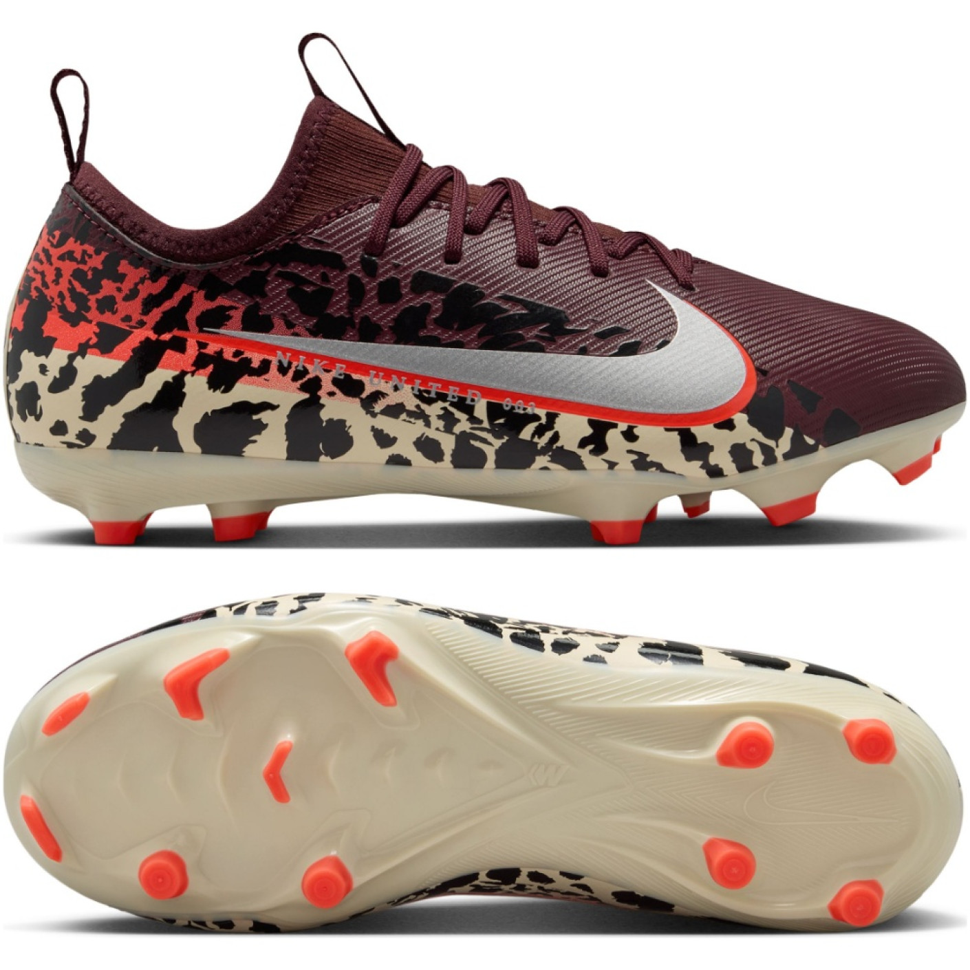 Nike Zoom Mercurial Vapor 16 Academy Gazon Naturel Artificiel Chaussures de Foot (MG) Enfants Bordeaux Argenté Orange
